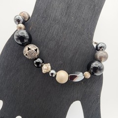 VTG 925 Silver Mixed Bead Hematite Onyx Bracelet 6.75″ Black Boho GUC