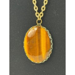 Vintage Tigers Eye Oval Pendant Necklace Gold Tone Chain Boho Statement 24 Inch
