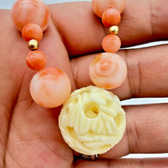 VTG Angel Skin Coral Necklace 36in Carved White Chinese Puzzle Ball 11mm OOAK