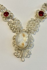 Antique Genuine Shell Cameo Faceted Red Stone Silver Tone Filigree Necklace