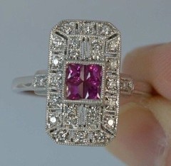 Art Deco Style Ruby & Lab Created Diamond Anniversary Ring 14K White Gold Finish
