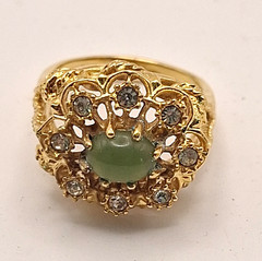 Vintage 18K HGE Green Cabochon Rhinestone Cocktail Ring Size 8 Regency Glam Chic