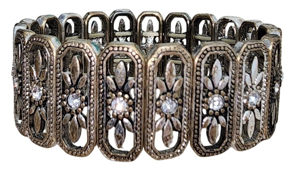 Women’s Silver Tone & Rhinestone Art Deco Vintage Style Stretch Bracelet Jewelry