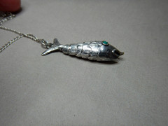 Vintage Mexican Sterling Silver Articulated Turquoise Set Fish Pendant Necklace