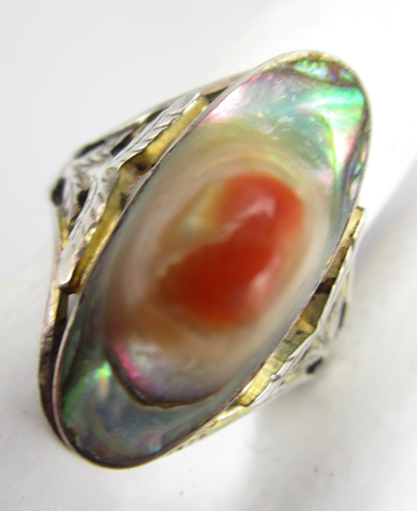 DELICATE ART NOUVEAU ERA STERLING SILVER ABALONE BLISTER PEARL RING SZ 8.25
