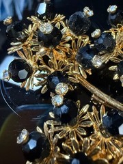 Vintage 1950s Floral Spray Brooch Black Jet Rhinestone Goldtone Large Statement