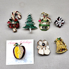 Vintage Christmas Brooch Lot Candy Cane Tree Ornament Bell Gift Jane Signed 6 Pc