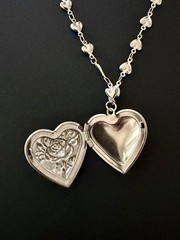 Vintage Silver Tin Rose Style Heart Locket with Tiny Hearts Link Chain 🩶