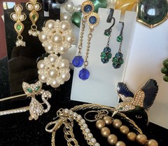 Vintage Blue/Green/Gold Jewelry Mix Lot Earrings Necklace RS Beads Glass Enamel