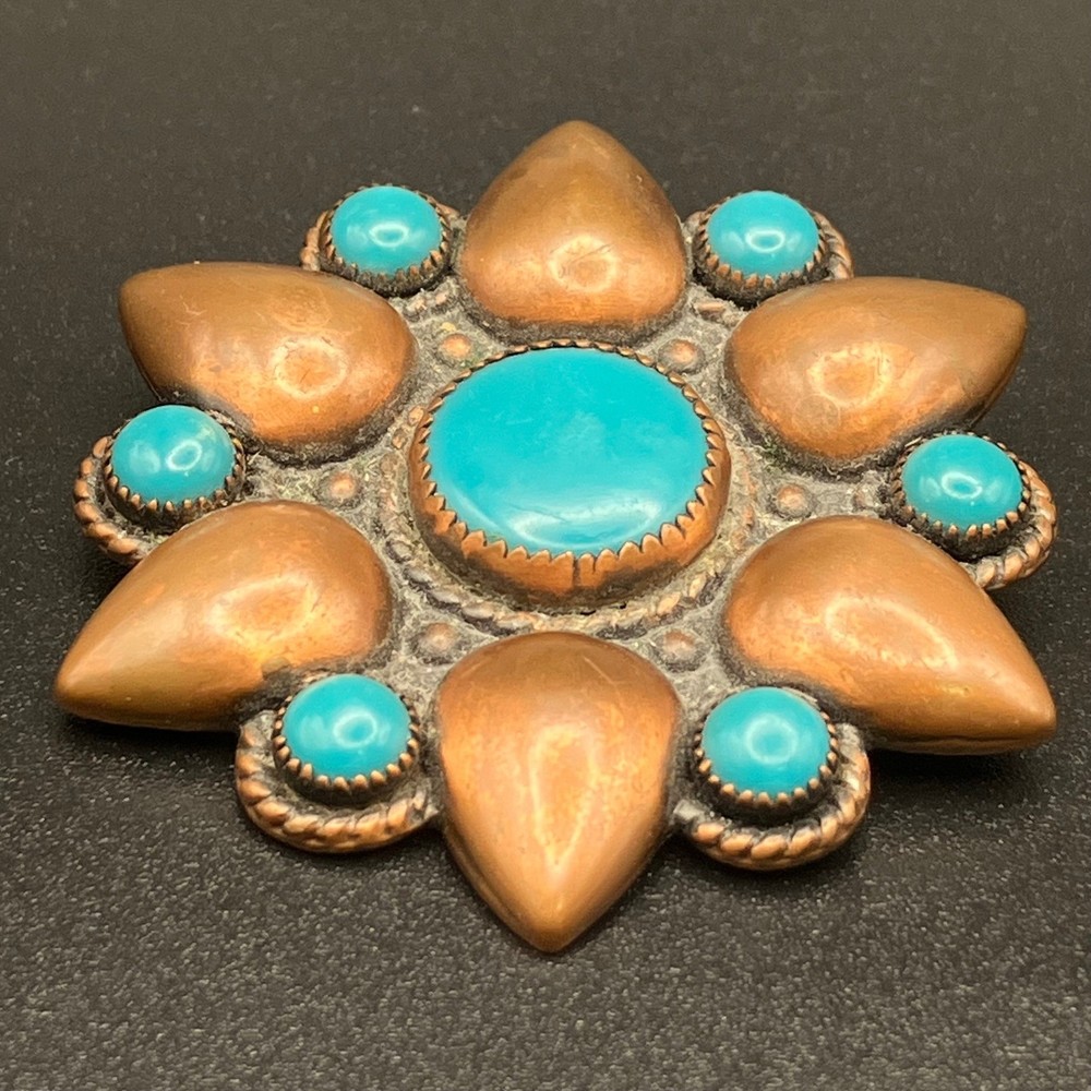 Vintage Bell Trading Post Copper Brooch Flower With Blue Lucite Floral Sunburst