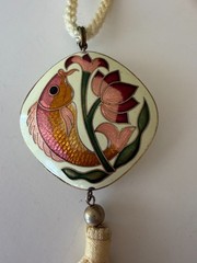 Vintage Asian Cloisonné Fish & Floral Tassel Pendent On Cream cord Necklace 30”
