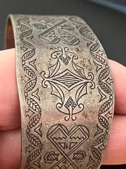 Primitive Vintage Engraved Cuff Bracelet Silver Plated Mixed Metal w/ Copper