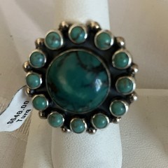 Dark Green Turquoise Bezel Set Cluster Setting Size 7.5 Ring 1.25” wide Sterling