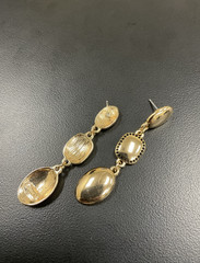 Vtg Earrings MONET Pierced Milk White Dangle Drop Yellow Gold Plate 2.75″