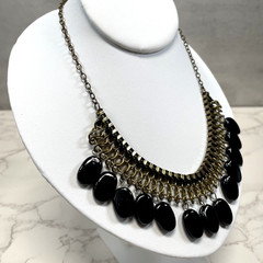 Antique Brass Link Mesh Bib Necklace Chunky Black Dangle Bead Statement Collar