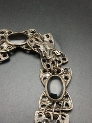 VINTAGE antiqued silvertone black enamel Egyptian design panel links bracelet