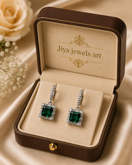 Art Deco 10.81CT Colombian Emerald Square Cut & White CZ Earrings Set For Girls.