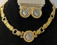 Mary Kay New Faux Roman Coin Intaglio Necklace Clip Earrings Set 1980’s-90’s