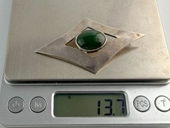 Vintage Signed Artisan Sterling Silver Green Nephrite Cabochon Pendant 13g 2.5In