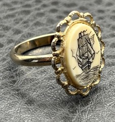 Vintage Ship Gold Tone Filigree Sea Nautical Painted Resin Oval Statement Size 6