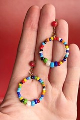 Vintage Dangle Hoop Clip Multicolor Beaded Drop EARRINGS Gold Tone