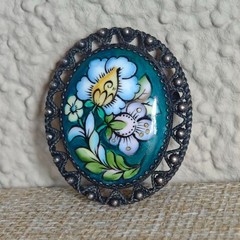 Vintage Soviet Finift Enamel Brooch Hand Painted Floral Oval Pin Filigree Frame