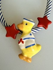 Flying Colors Duck Necklace Ceramic Vintage Signed Handmade Nautical Stars