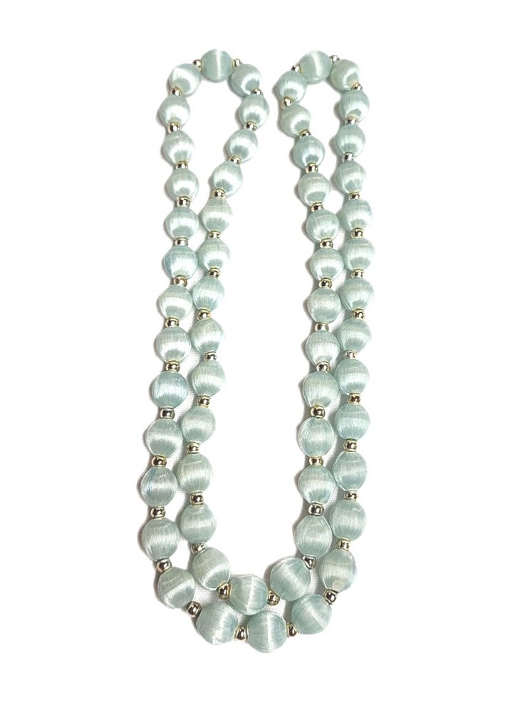 Vintage Light Pale Blue Silk Thread Wrapped Beaded Necklace 30″ Retro Costume
