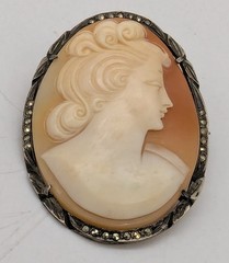 800 Silver Carved Shell Cameo Pin Brooch w/ Marcasite Antique 4.5cm x 3.5cm
