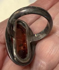 Bold Vintage Modernist Sterling Silver Unique Sculptural Cognac Amber Ring Sz 7