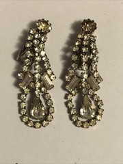 Vintage Clip On Dangle Drop Earrings Clear Rhinestones Silver Tone Art Deco
