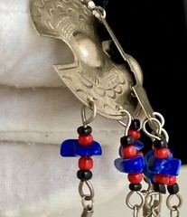 Vintage Lapis Silver Tone Dangling Earrings Large 3.5in Red Black Beads 9.84g