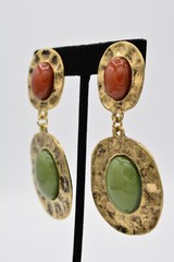 Vintage Cabochon Clip Earrings Antiqued Gold Burnt Rust Green Chunky 80s BinA13