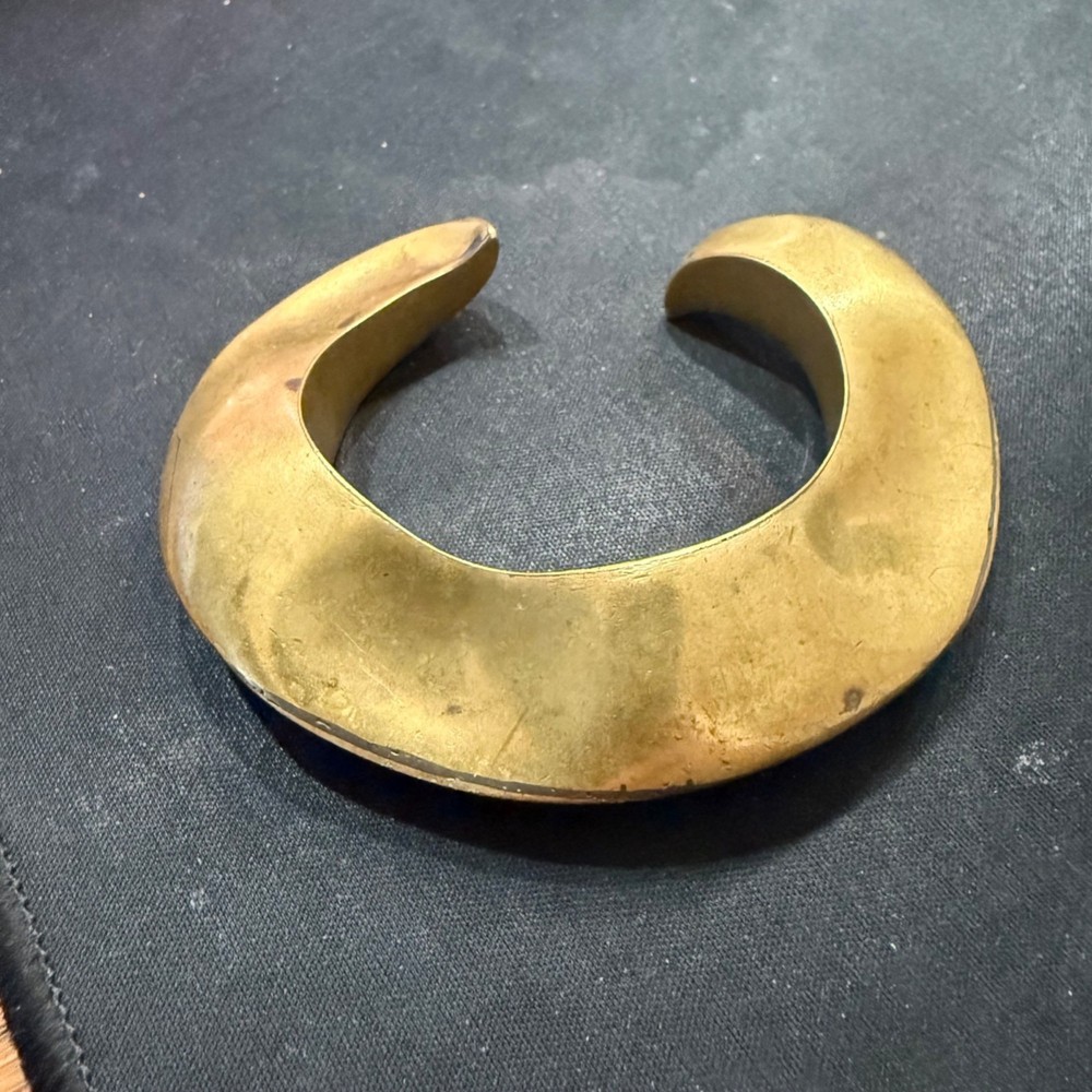 Antique Solid Brass Crescent Shaped Bangle Bracelet 2 Inch Opening