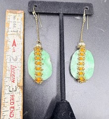 Artisan Green Orange Beaded Dangle Earrings Gold Tone Faceted Drops