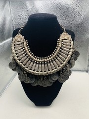 Vintage Silver Tone Boho Ethnic Tribal Coin Coachella Fringe Statement Necklace