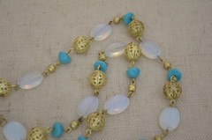 Vintage Boho Gold Filigree Opalite Moonstone Glass Turquoise Bead Necklace 26″