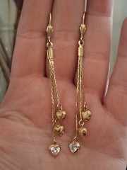 Puffy hearts & crystal bezel-set heart tassel earrings, multi chain, cascading