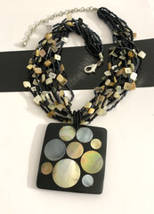 Vintage Multi Strand Necklace w/ Mother of Pearl Inlay Square Pendant