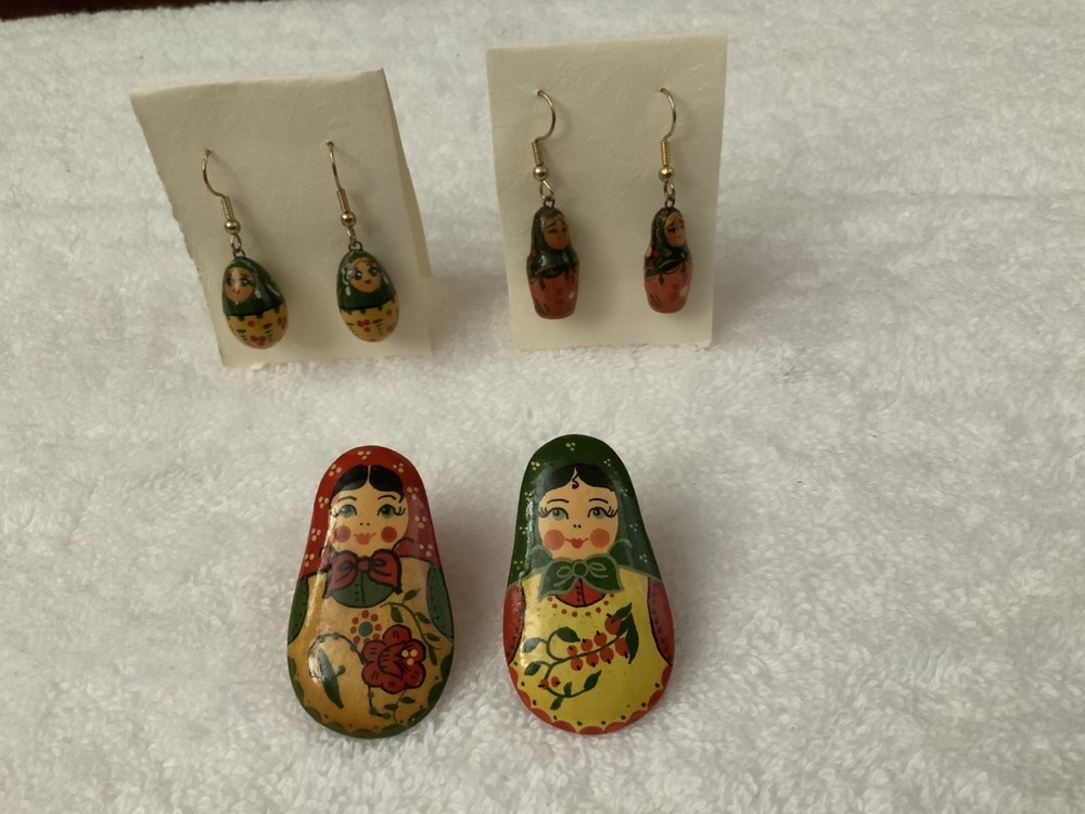 Vintage Matryoshka French Wire Earrings And Lapel Pins From The 70’s