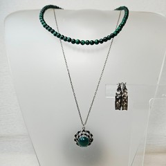 925 Sterling Malachite Necklace Green Pendant Ornate Hoop Earrings