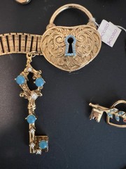 VTG NWT CORO BOOKCHAIN LOCK & KEY BELT + 2 KEY BROOCHES, 1 STERLING BOOK PIECE!