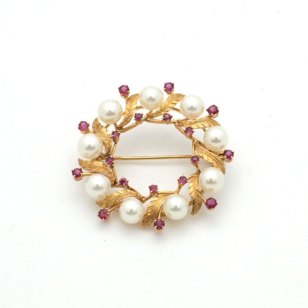 Vintage 1950’s 14K Yellow Gold Pearl & Natural Ruby Wreath Brooch-1.5” Diameter