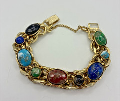 Vintage Bracelet Chunky Gold Tone Multi Color Cabochon Curb Link Safety Chain