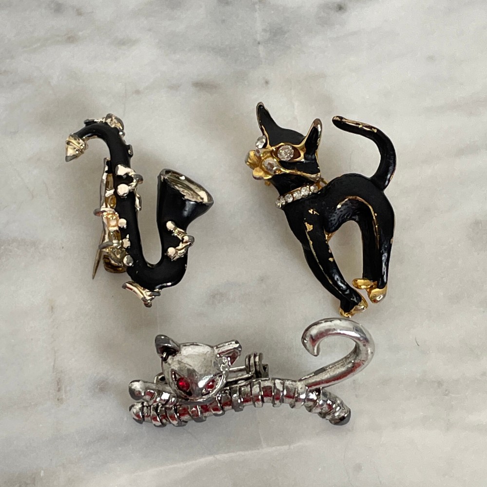 Vtg RHINESTONE CAT BROOCH LOT Gold Tone Saxophone Music MID CENTURY MODERN MCM