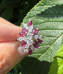 VINTAGE 14K WHITE GOLD RUBIES DIAMONDS CLUSTER SPRAY COCKTAIL RING STATEMENT