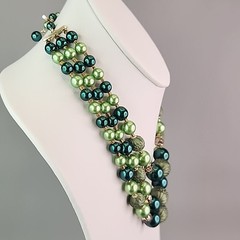 Vintage Beaded Necklace Green Triple Layered Acrylic Japan Choker 16″