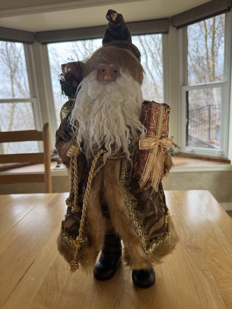 Old World Vintage Santa-Tapestry Gold Faux Fur-Stand Alone-18” Tall-Regal