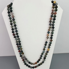 Vintage Frosted Indian Agate Necklace 56 in Matte Green Stone Beads Long Strand