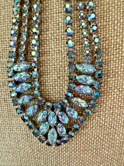 VTG. MCM BLUE AURORA BOREALIS RHINESTONE & ART GLASS NECKLACE & EARRING SET